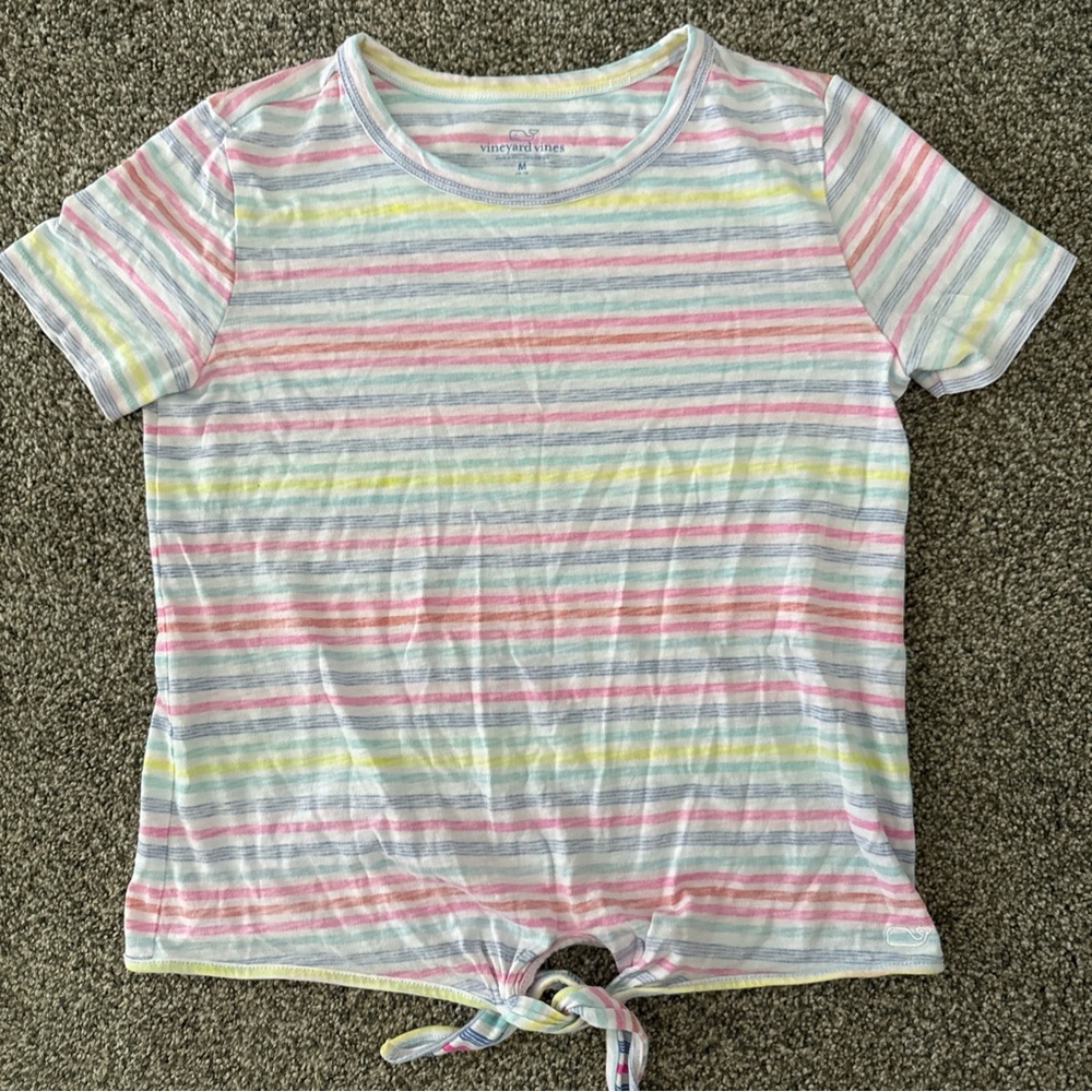 Vineyard Vines Girls Pastel Rainbow Striped Tshirt, Tie Waist - Girls M (10-12)